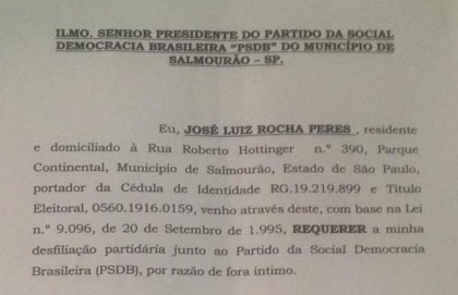 C�pia do of�cio de desligamento do ex-prefeito ao PSDB de Salmour�o