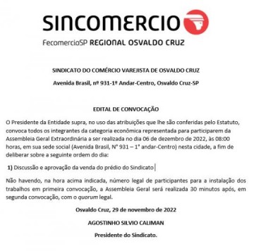 EDITAL DE CONVOCAO - Sindicato do Comrcio Varejista de Osvaldo Cruz
