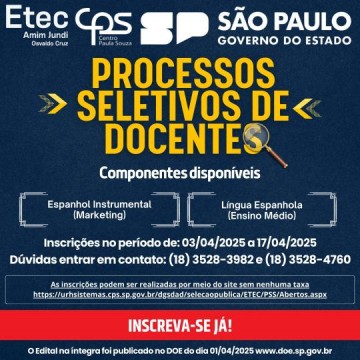 Etec Amim Jundi de Osvaldo Cruz abre inscri��es para processos seletivos de docentes