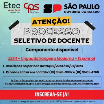 Etec Amim Jundi abre novas inscri��es para processo seletivo de docentes