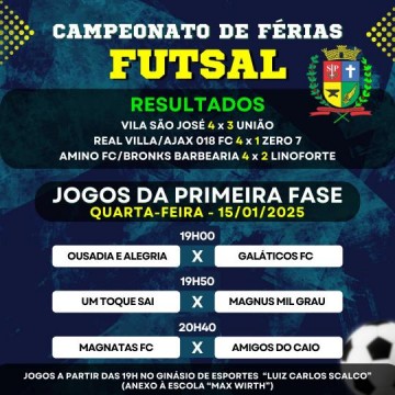 Mais tr�s jogos d�o sequ�ncia hoje no Campeonato de F�rias de Futsal de Osvaldo Cruz