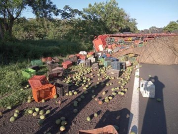 Carga de frutas se espalha por rodovia ap�s caminh�o colidir com traseira de carro em Junqueir�polis