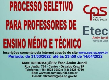 Etec Amim Jundi abre inscri��es para processo seletivo de professores de Ensino M�dio e T�cnico