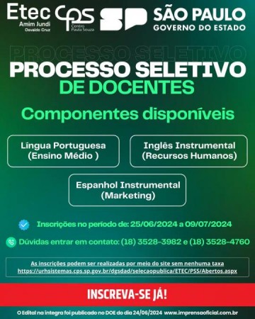 Etec Amim Jundi abre inscri��es at� o dia 09 de julho para processo seletivo de docentes