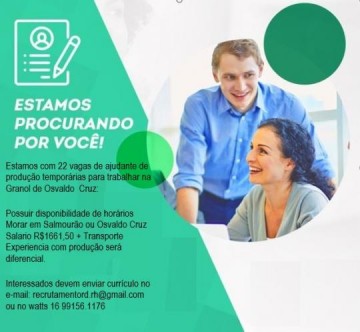 Oportunidade de emprego: 22 vagas dispon�veis para ajudante de produ��o tempor�ria
