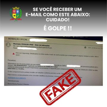 Prefeitura de Osvaldo Cruz alerta para e-mails falsos com golpes e v�rus