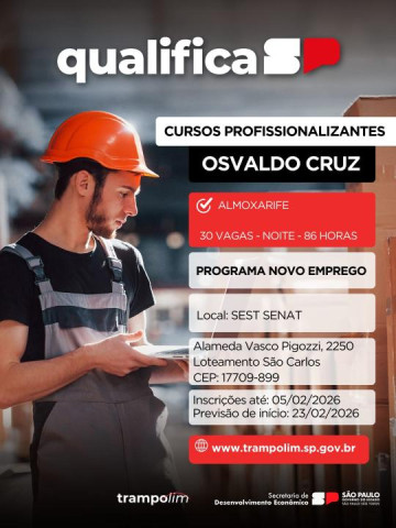 Programa Novo Emprego oferece 30 vagas para curso de almoxarife em Osvaldo Cruz
