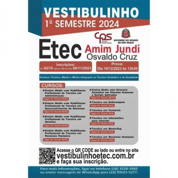 Etec Amim Jundi Osvaldo Cruz abre inscries para o Vestibulinho 1 Semestre de 2024
