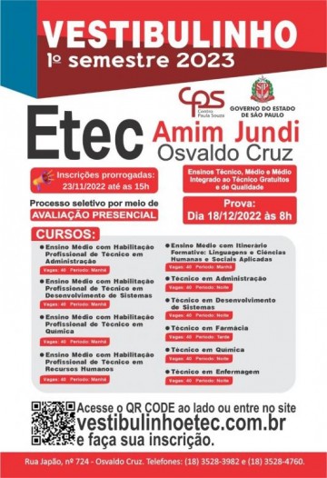 Prazo para se inscrever no Vestibulinho da Etec Amim Jundi � prorrogado at� o dia 23