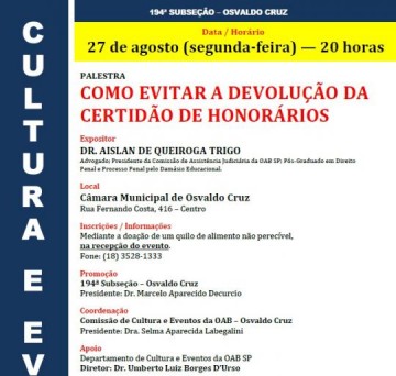 OAB promove palestra na pr�xima segunda-feira