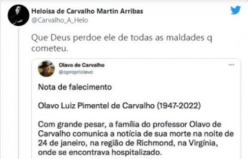 'Que Deus perdoe ele de todas as maldades', diz filha de Olavo Carvalho aps morte do pai