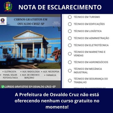 Prefeitura Municipal de Osvaldo Cruz esclarece fake news sobre supostos cursos gratuitos