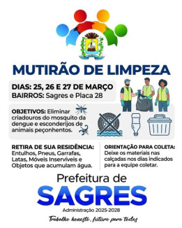 Mutir�o de limpeza ser� realizado em Sagres e Placa 28 nos dias 25, 26 e 27 de mar�o