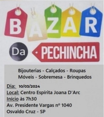 Neste domingo (10) tem Bazar da Pechincha do Centro Esprita Joana DArc