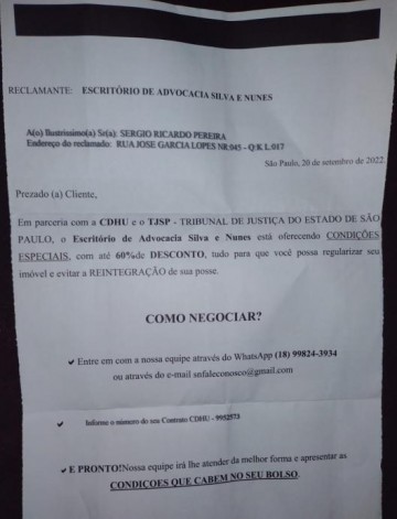 ATEN��O: Golpistas voltam a enviar cartas a mutu�rios da CDHU com proposta de acordo