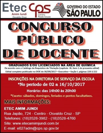 Professor de Qu�mica: Etec abre inscri��es para concurso p�blico