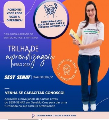 SEST/SENAT de Osvaldo Cruz informa vagas abertas para cursos presenciais