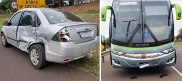 Acidente envolve carro e �nibus no trevo de Rin�polis
