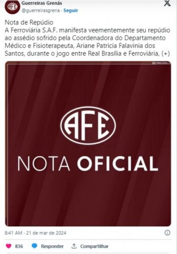 Brasileir�o Feminino: Ferrovi�ria denuncia ass�dio em jogo contra Real