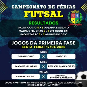 Mais tr�s jogos nesta sexta no Campeonato de F�rias de Futsal de Osvaldo Cruz