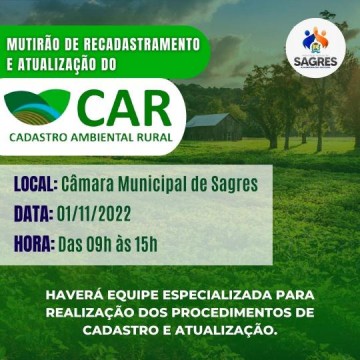 Prefeitura realiza recadastramento e atualizao do Cadastro Ambiental Rural nesta tera-feira