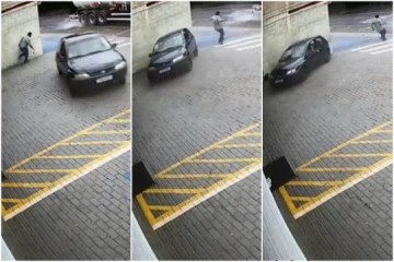 VDEO: Homem percebe carro desgovernado e escapa por segundos de ser esmagado