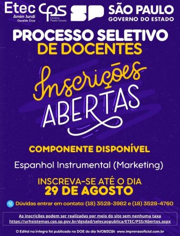 ETEC Amim Jundi abre inscri��es para processo seletivo de docentes para aulas de Espanhol Instrumental