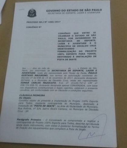 C�pia do documento de inten��es entre Prefeitura e o Estado para constru��o de pista de Skate (Reprodu��o Facebook)