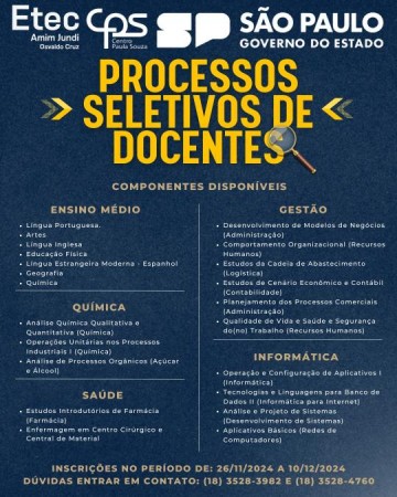 Etec Amim Jundi de Osvaldo Cruz informa abertura das inscri��es para processos seletivos de professores