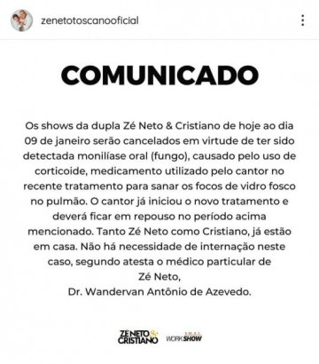 Foco de vidro no pulm�o de Z� Netto leva ao cancelamento de show da dupla com Cristiano