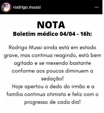 Rodrigo Mussi segue em estado grave, mas reage bem, diz fam�lia; 'se mexendo bastante, conforme diminuem seda��o'
