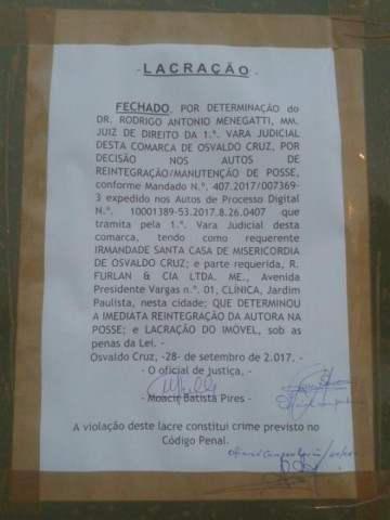 Cl�nica Santa Rita tem at� s�bado para retirada de m�veis e equipamentos da Santa Casa de OC