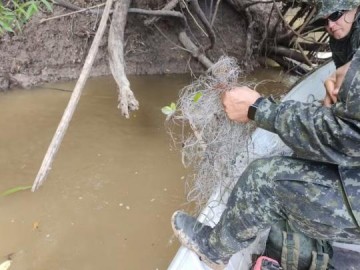 Fiscaliza��o apreende redes de pesca, malhas e anz�is de galho armados irregularmente no Rio Aguape�, em Luc�lia