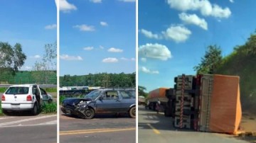 Colis�o entre ve�culos e tombamento de carreta s�o registrados na SP-425 em Parapu�