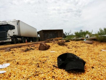 Caminh�o com 35 toneladas de milho tomba e mata motorista