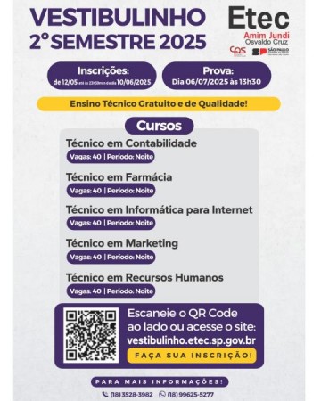 Vestibulinho 2� semestre 2025 da Etec Amim Jundi