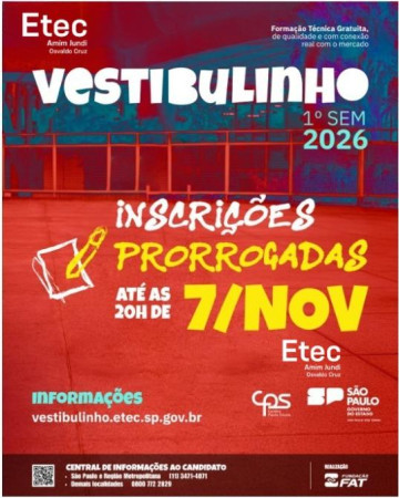 Inscri��es para o Vestibulinho da Etec Amim Jundi foram prorrogadas at� 7 de novembro
