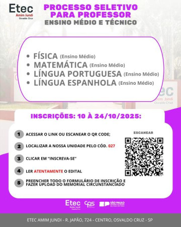 ETEC Amim Jundi anuncia oportunidades para professores