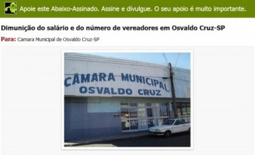 Peti��o P�blica pede redu��o de sal�rios de vereadores em OC