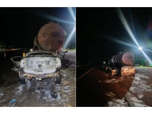 Estudante morre carbonizado ap�s carro bater em carreta em rodovia de Presidente Prudente