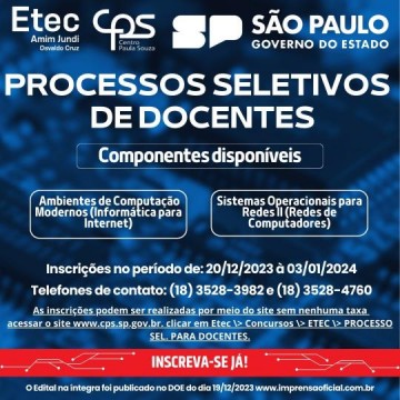 Etec Amim Jundi informa abertura para inscri��es dos processos seletivos para docentes