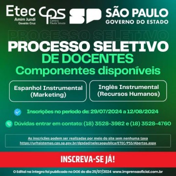Etec Amim Jundi abre inscri��es para processo seletivo de docentes para Ingl�s e Espanhol instrumental