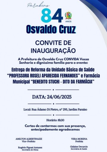 Prefeitura de Osvaldo Cruz inaugura nova farm�cia municipal no PSF do Para�so amanh�