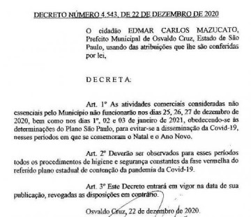 Prefeitura de Osvaldo Cruz segue decreto estadual e determina fechamento de setores n�o essenciais nas festas de fim de ano